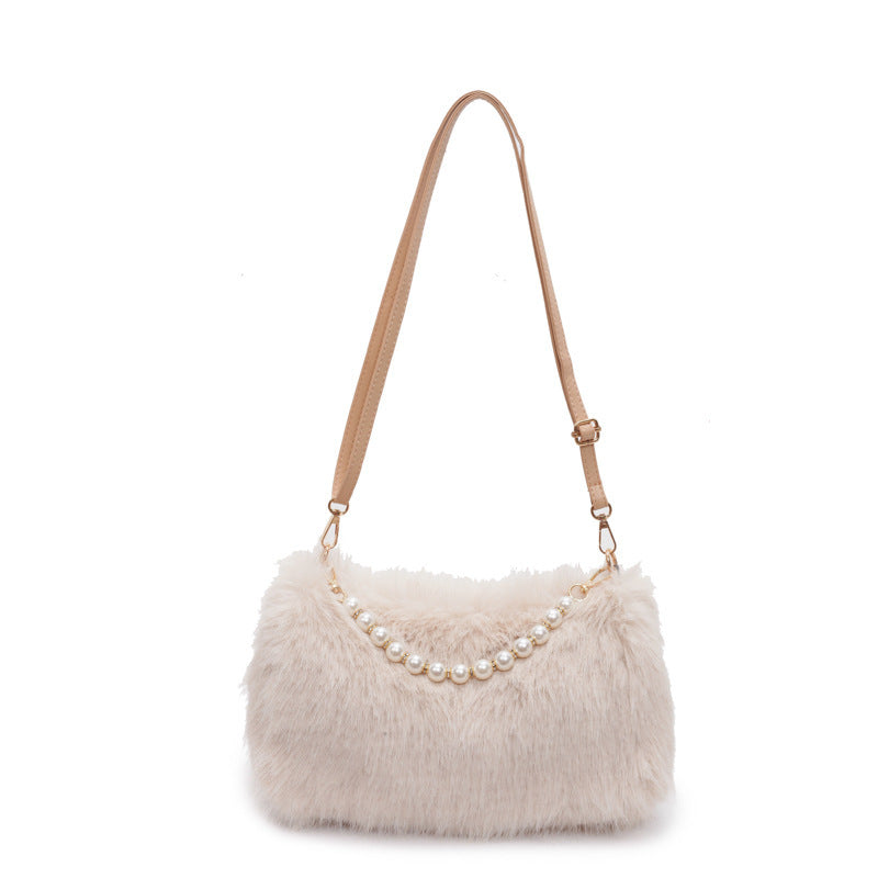 Autumn And Winter Fashion Shoulder Bags Pearl Chain Crossbody Bag Versatile Commuting Armpit Plush Female Bag